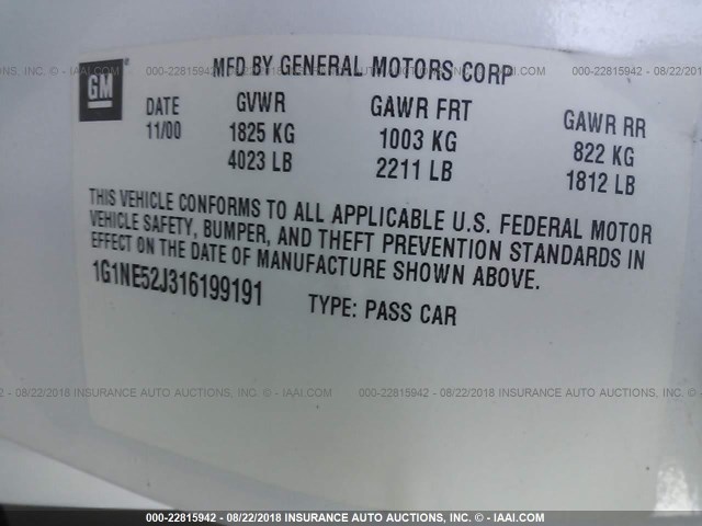 1G1NE52J316199191 - 2001 CHEVROLET MALIBU LS WHITE photo 9