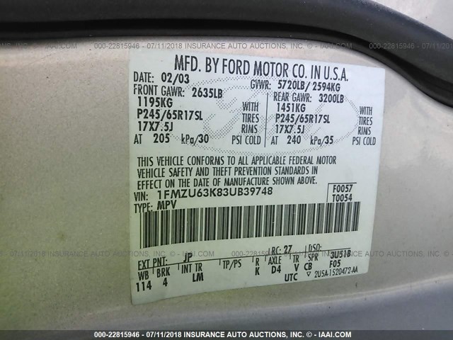 1FMZU63K83UB39748 - 2003 FORD EXPLORER XLT/XLT SPORT/NBX 银色 照片 9