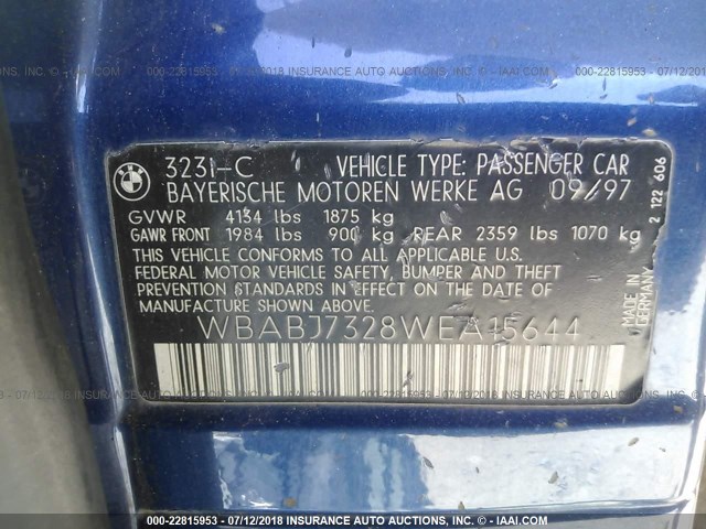 WBABJ7328WEA15644 - 1998 BMW 323 IC BLUE photo 9