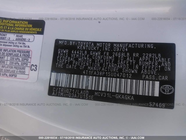 4T1FA38P15U047012 - 2005 TOYOTA CAMRY SOLARA SE/SLE თეთრი ფოტო 9