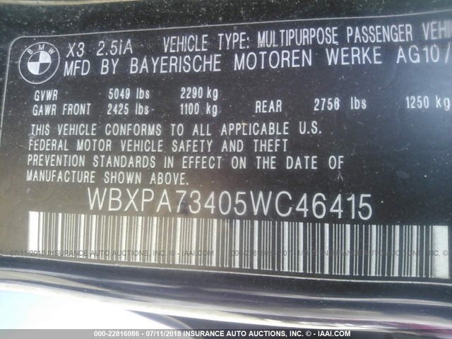 WBXPA73405WC46415 - 2005 BMW X3 2.5I BLACK photo 9