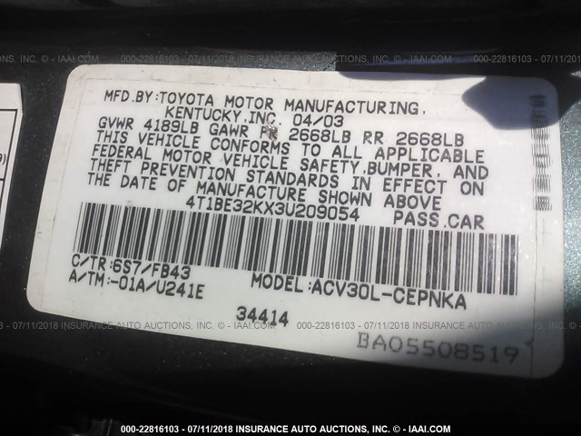 4T1BE32KX3U209054 - 2003 TOYOTA CAMRY LE/XLE/SE Boz foto 9