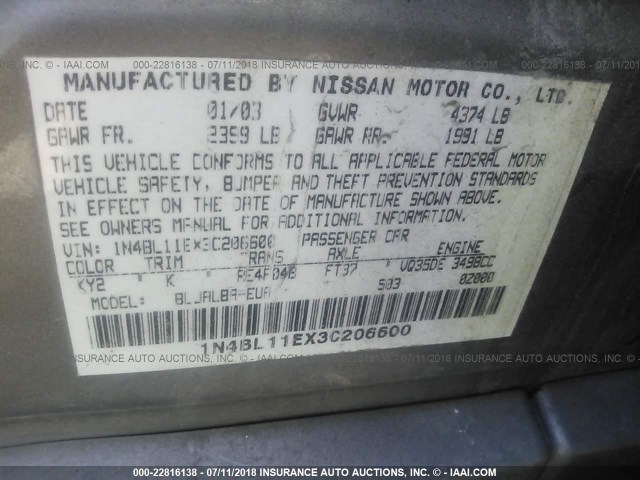 1N4BL11EX3C206600 - 2003 NISSAN ALTIMA SE BROWN photo 9