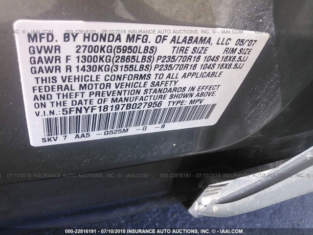 5FNYF18197B027956 - 2007 HONDA PILOT LX GRAY photo 9