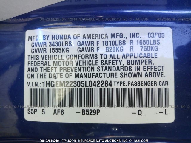 1HGEM22305L042284 - 2005 HONDA CIVIC DX VP Mavi foto 9