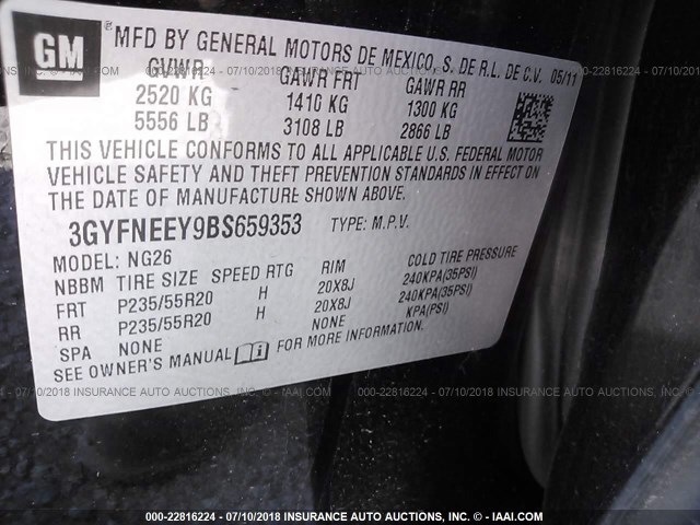 3GYFNEEY9BS659353 - 2011 CADILLAC SRX PERFORMANCE COLLECTION Қара фото 9