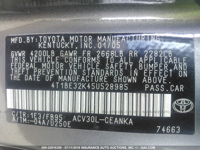 4T1BE32K45U528985 - 2005 TOYOTA CAMRY LE/XLE/SE 灰色 照片 9