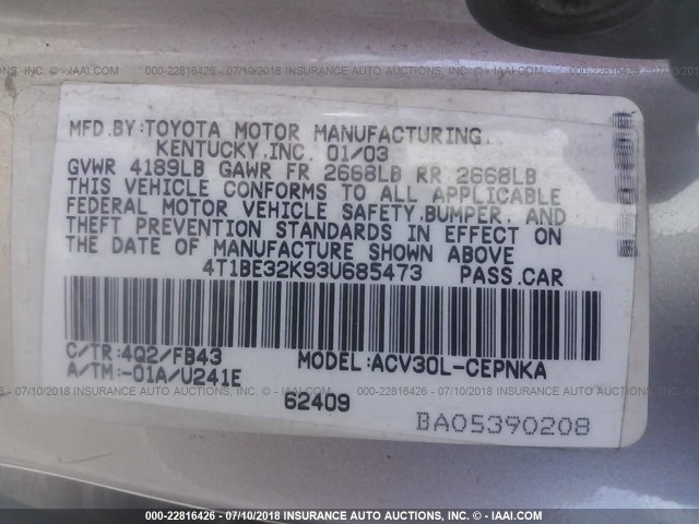 4T1BE32K93U685473 - 2003 TOYOTA CAMRY LE/XLE/SE თაფლისფერი ფოტო 9