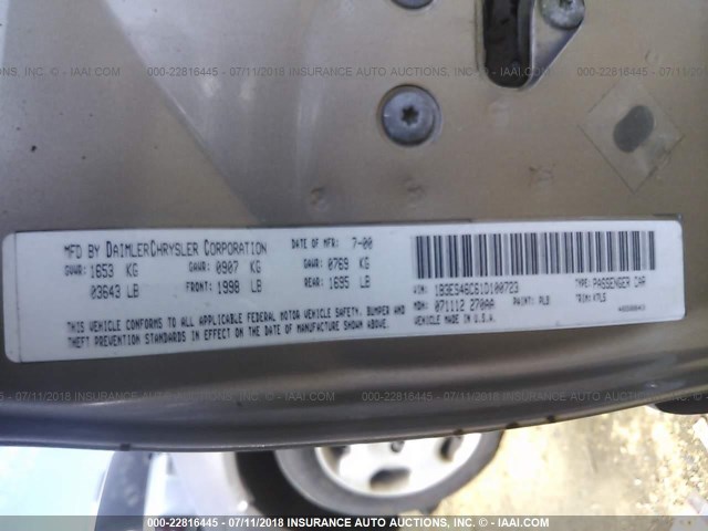 1B3ES46C61D100723 - 2001 DODGE NEON SE/ES GOLD photo 9