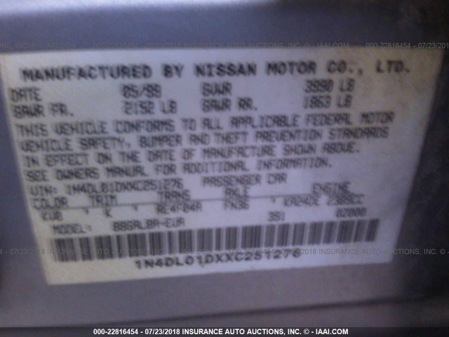 1N4DL01DXXC251276 - 1999 NISSAN ALTIMA XE/GXE/SE/GLE SILVER photo 9