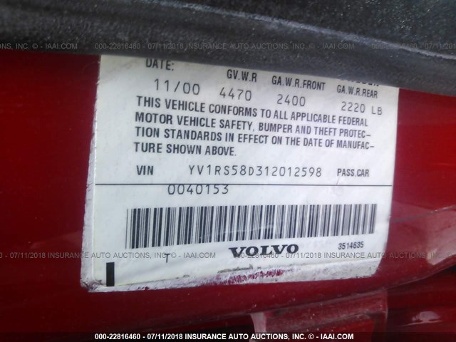 YV1RS58D312012598 - 2001 VOLVO S60 2.4T RED photo 9