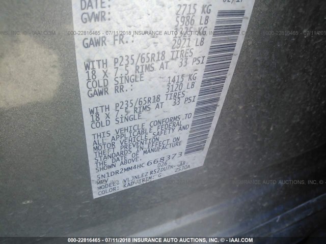 5N1DR2MM4HC668373 - 2017 NISSAN PATHFINDER S/SV/SL/PLATINUM 灰色 照片 9