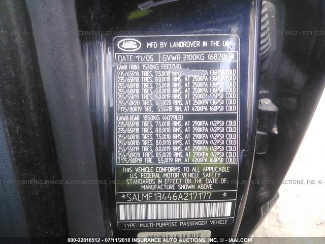 SALMF13446A217177 - 2006 LAND ROVER RANGE ROVER SUPERCHARGED BLACK photo 9