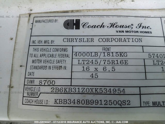 2B6KB31Z0XK534954 - 1999 DODGE RAM VAN B3500 WHITE photo 9