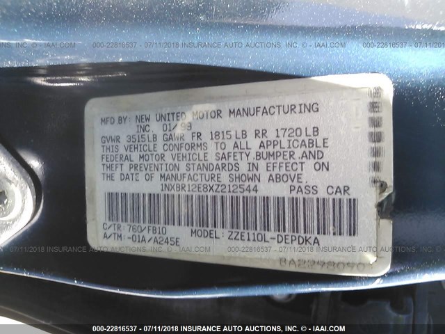 1NXBR12E8XZ212544 - 1999 TOYOTA COROLLA VE/CE/LE 蓝色 照片 9