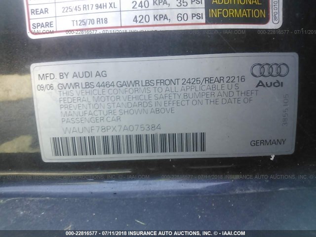 WAUNF78PX7A075384 - 2007 AUDI A3 2.0 PREMIUM GRAY photo 9