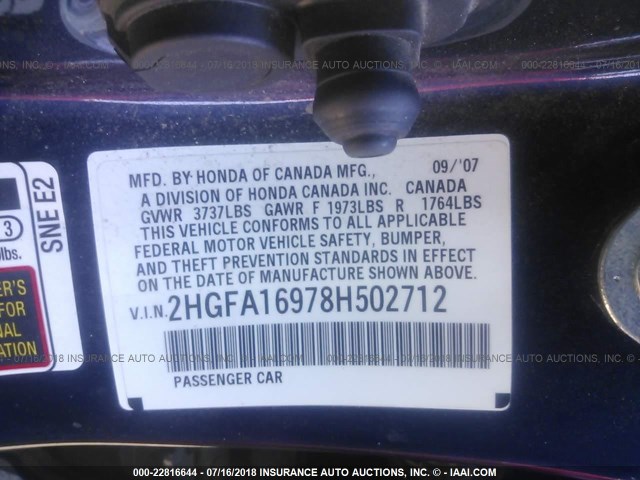 2HGFA16978H502712 - 2008 HONDA CIVIC EXL 蓝色 照片 9