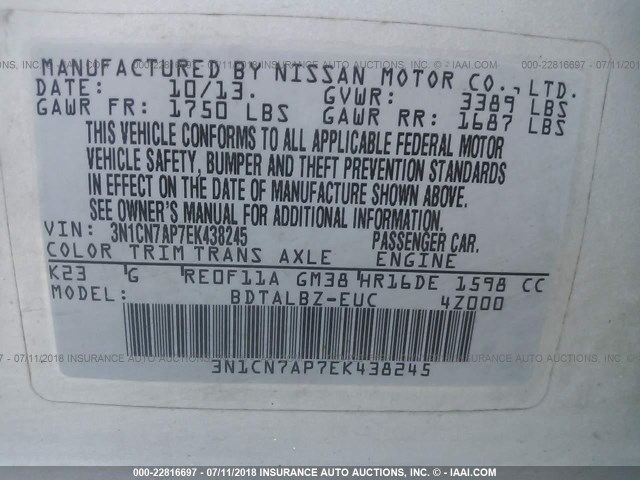 3N1CN7AP7EK438245 - 2014 NISSAN VERSA S/S PLUS/SV/SL SILVER photo 9