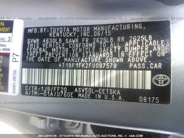 4T1BF1FK2FU087578 - 2015 TOYOTA CAMRY LE/XLE/SE/XSE SILVER photo 9