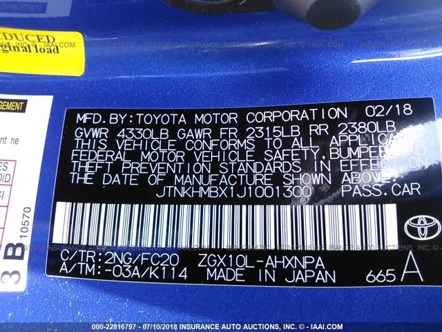 JTNKHMBX1J1001300 - 2018 TOYOTA C-HR BLUE photo 9