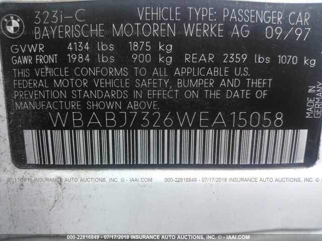 WBABJ7326WEA15058 - 1998 BMW 323 IC WHITE photo 9