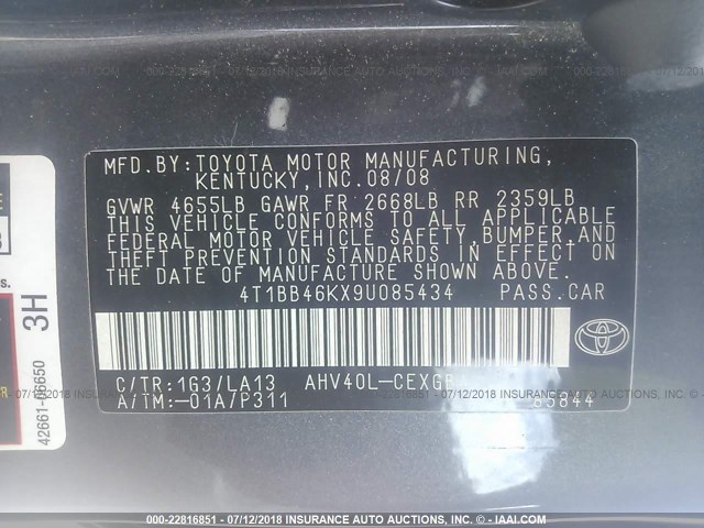 4T1BB46KX9U085434 - 2009 TOYOTA CAMRY HYBRID GRAY photo 9