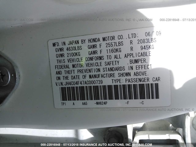 JH4CU4F47AC000739 - 2010 ACURA TSX WHITE photo 9