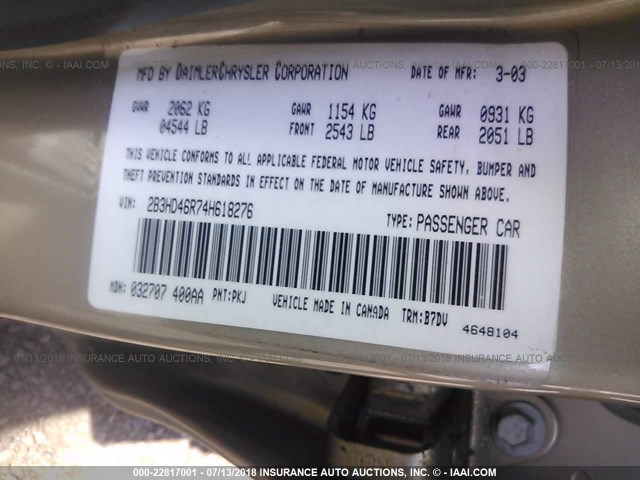 2B3HD46R74H618276 - 2004 DODGE INTREPID SE TAN photo 9