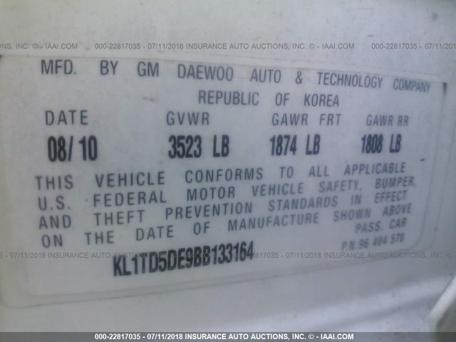 KL1TD5DE9BB133164 - 2011 CHEVROLET AVEO LS/LT 白色 照片 9