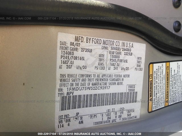 1FMDU75W52ZC93917 - 2002 FORD EXPLORER LIMITED 银色 照片 9