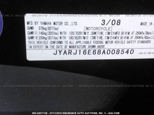 JYARJ16E68A008540 - 2008 YAMAHA YZFR6 YELLOW photo 10