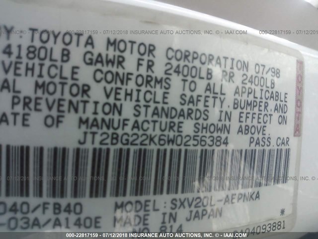 JT2BG22K6W0256384 - 1998 TOYOTA CAMRY CE/LE/XLE 白色 照片 9