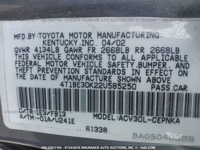 4T1BE30K22U585250 - 2002 TOYOTA CAMRY LE/XLE/SE Gümüş foto 9