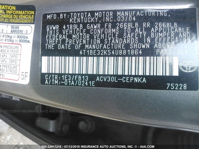 4T1BE32K54U881864 - 2004 TOYOTA CAMRY LE/XLE/SE Boz foto 9