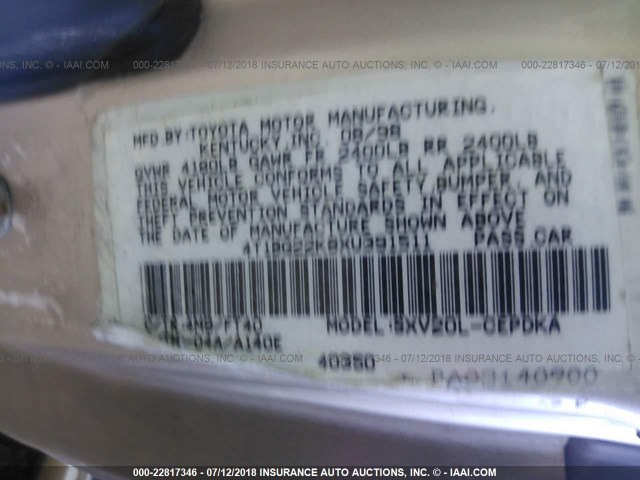 4T1BG22K8XU391511 - 1999 TOYOTA CAMRY CE/LE/XLE TAN photo 9