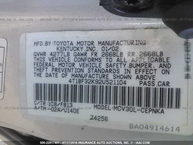 4T1BF32K92U521104 - 2002 TOYOTA CAMRY LE/XLE/SE Күміс фото 9