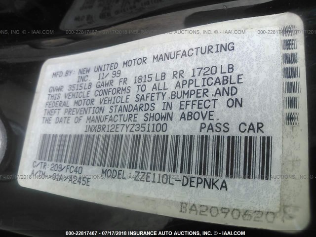 1NXBR12E7YZ351100 - 2000 TOYOTA COROLLA VE/CE/LE 黑色 照片 9