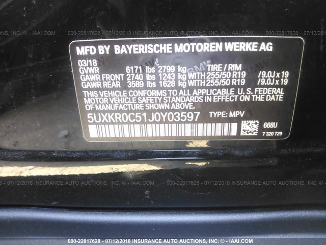 5UXKR0C51J0Y03597 - 2018 BMW X5 XDRIVE35I BLACK photo 9