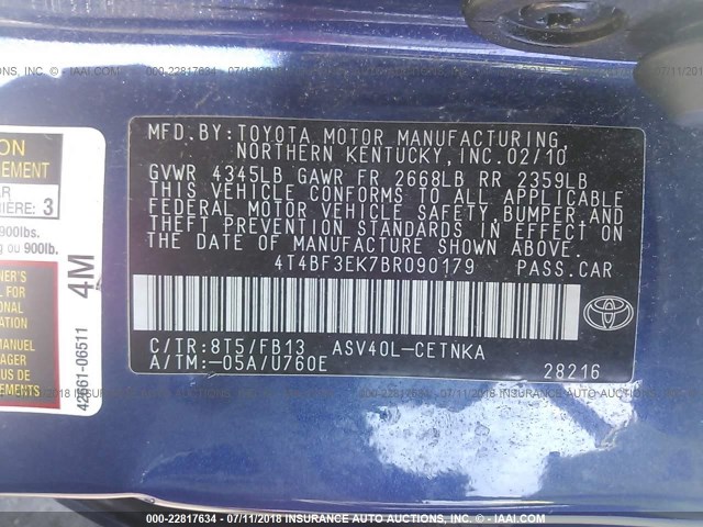 4T4BF3EK7BR090179 - 2011 TOYOTA CAMRY SE/LE/XLE 蓝色 照片 9
