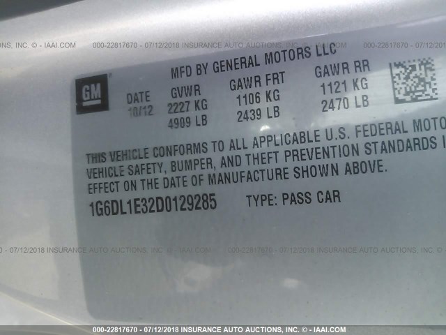 1G6DL1E32D0129285 - 2013 CADILLAC CTS PERFORMANCE COLLECTION Серебристый фото 9