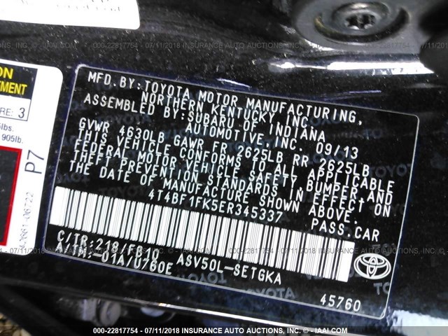 4T4BF1FK5ER345337 - 2014 TOYOTA CAMRY L/SE/LE/XLE 黑色 照片 9