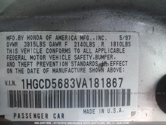 1HGCD5683VA181867 - 1997 HONDA ACCORD VALUE GOLD photo 9