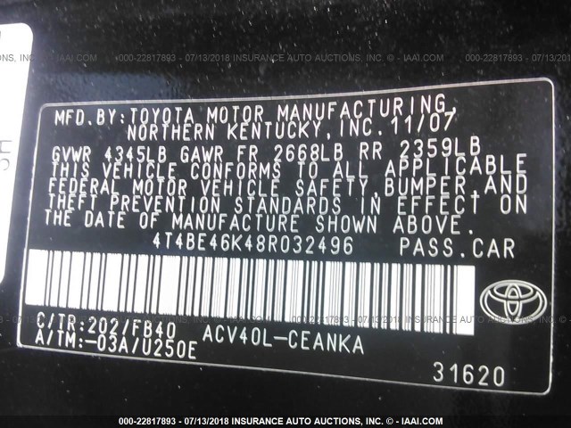 4T4BE46K48R032496 - 2008 TOYOTA CAMRY CE/LE/XLE/SE BLACK photo 9