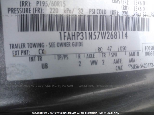 1FAHP31N57W268114 - 2007 FORD FOCUS ZX3/S/SE/SES GRAY photo 9
