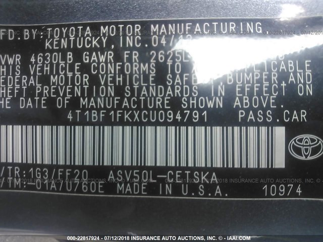 4T1BF1FKXCU094791 - 2012 TOYOTA CAMRY SE/LE/XLE GRAY photo 9