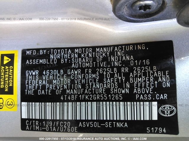 4T4BF1FK2GR551265 - 2016 TOYOTA CAMRY LE/XLE/SE/XSE SILVER photo 9