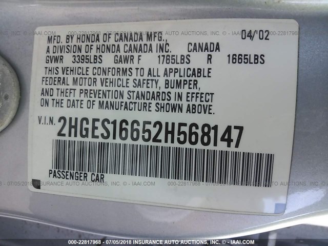 2HGES16652H568147 - 2002 HONDA CIVIC LX SILVER photo 9