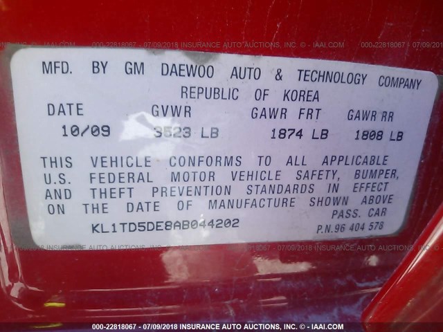 KL1TD5DE8AB044202 - 2010 CHEVROLET AVEO LS/LT 红色 照片 9