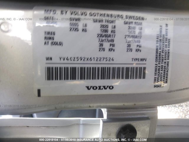 YV4CZ592X61227524 - 2006 VOLVO XC90 SILVER photo 9