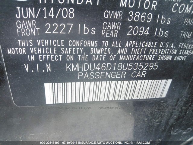 KMHDU46D18U535295 - 2008 HYUNDAI ELANTRA GLS/SE/LIMITED BLACK photo 9